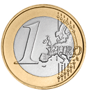 Fotografia de uma moeda de 1 euro na face coroa. Está escrito '1 euro'.