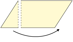 Ilustração do paralelogramo anterior com medida da altura destaca, separando o triângulo retângulo do restante da figura, transformando a figura em duas partes. No triângulo, há uma seta que vai da esquerda para a direita, indicando que o triângulo vai para o outro lado da figura.