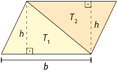 Ilustração idêntica a anterior, porém os triângulos estão encostados em seu maior lado, formando um paralelogramo. O lado em comum dos triângulos corresponde a medida da diagonal do paralelogramo.