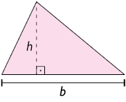 Ilustração de um triângulo com medida de comprimento da base b e altura h. A medida da altura está destacada por uma linha pontilhada, formando um ângulo reto com a base do triângulo.