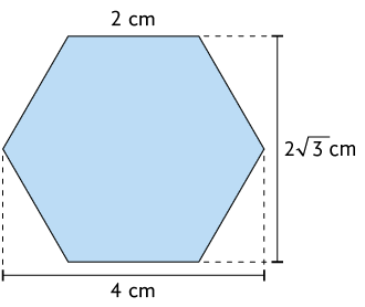 Ilustração de um hexágono regular com a medida do lado igual a 2 centímetros. Está indicada a altura do hexágono de 2 raiz quadrada de 3 centímetros e a medida de um vértice até o vértice oposto alinhado horizontalmente, está indicada como 4 centímetros de comprimento.