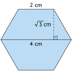 Ilustração de dois trapézios iguais com as medidas: base menor, 2 centímetros; base maior, 4 centímetros; altura, raiz quadrada de 3 centímetros. Um trapézio, está invertido em relação ao outro e estão encostados em suas bases maiores, de maneira a formar um hexágono. A medida da altura está destacada por uma linha pontilhada, formando um ângulo reto com a base maior do trapézio.