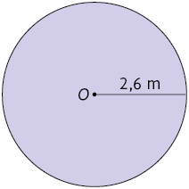 Ilustração de um círculo de centro O e raio 2,6 metros.