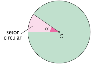 Ilustração de um círculo verde de centro O. Há dois segmentos diferentes que vão de um ponto da circunferência até o centro O. A região interna delimitada por esses dois segmentos está pintada de rosa e é denominado 'setor circular'. Também está destacado o ângulo formado entre elas e com vértice O, indicando a medida 'alfa'.