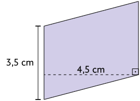 Ilustração de um paralelogramo com medida de comprimento da base: 3,5 centímetros e altura: 4,5 centímetros. 