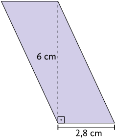 Ilustração de um paralelogramo com medida de comprimento da base: 2,8 centímetros e altura: 6 centímetros.