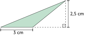 Ilustração de um triângulo retângulo com medida de comprimento da base: 3 centímetros e altura: 2,5 centímetros.