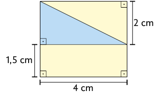 Ilustração de um retângulo pintado de amarelo com medidas de comprimento: 4 centímetros de base e 3,5 centímetros de altura. Dentro do retângulo há um triângulo retângulo cuja medida do comprimento de sua base corresponde à medida de comprimento do retângulo e ele está a 1,5 centímetros de altura em relação à essa base.  