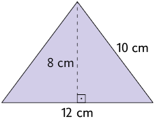 Ilustração de um triângulo com base medindo 12 centímetros de comprimento e altura 8 centímetros. Um dos lados do triângulo, tem medida de comprimento igual a 10 centímetros.