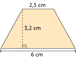 Ilustração de um trapézio com as medidas: base menor, 2,5 centímetros; base maior, 6 centímetros; altura, 3,2 centímetros. A medida da altura está destacada por uma linha pontilhada, formando um ângulo reto com a base maior do trapézio.