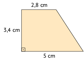 Ilustração de um trapézio retângulo com as medidas: base menor, 2,8 centímetros; base maior, 5 centímetros; altura, 3,4 centímetros.