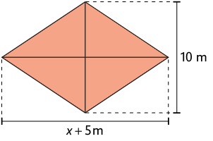 Ilustração de um losango com as duas diagonais traçadas formando ângulos retos na intersecção entre elas. A medida de comprimento da diagonal maior é x mais 5 metros, e da diagonal menor é 10 metros.
