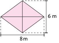 Ilustração de um losango com as duas diagonais traçadas formando ângulos retos na intersecção entre elas. A medida de comprimento da diagonal maior é 8 metros, e da diagonal menor é 6 metros.