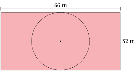 Ilustração de um retângulo com medidas de comprimento: 66 metros de comprimento e 32 metros de largura. Bem no centro do retângulo, há uma circunferência que toca os lados do retângulo, e tem um diâmetro de mesma medida da largura.