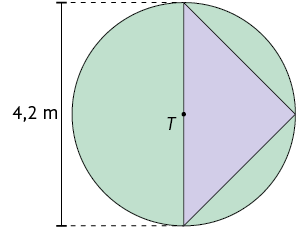 Ilustração de um triângulo retângulo de cor roxa inscrito em um círculo de cor verde de centro T. A base do triângulo corresponde ao diâmetro do círculo, 4,2 metros; e a altura vai do ponto T até um ponto da circunferência, sendo assim correspondendo ao raio. 