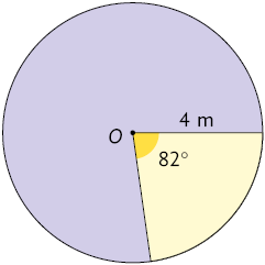 Ilustração de um círculo de centro O, com raio medindo 4 metros. Há um setor circular destacado em amarelo, com ângulo central de medida 82 graus.