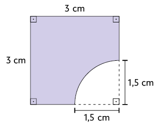 Ilustração de uma figura formada por um quadrado de lado medindo 3 centímetros e uma parte que foi tirada de um dos cantos desse quadrado Essa parte corresponde a um quarto de volta de um círculo, com raio medindo 1,5 centímetros. Os ângulos retos do quadrado estão indicados.