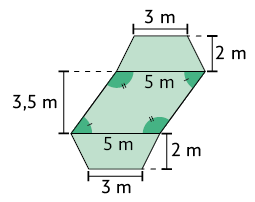 Ilustração de um paralelogramo e dois trapézios isósceles. O paralelogramo tem medida da base igual a 5 metros e altura 3,5 metros. Acima e abaixo do paralelogramo estão os trapézios com base maior igual à da base do paralelogramo, base menor: 3 metros e altura: 2 metros. 