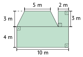Ilustração de uma figura formada por dois retângulos: um maior e um menor e um trapézio isósceles. Na base da figura está o retângulo maior com medida da base igual a 10 metros e altura 4 metros. Acima, na extremidade esquerda do retângulo, está o trapézio com a base menor: 5 metros e altura: 3 metros. Seguido do trapézio está o retângulo de base 2 metros e altura também igual a 3 metros.