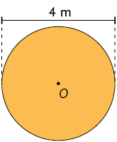 Ilustração de um círculo laranja de centro O, com raio medindo 4 metros.