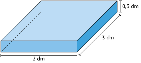 Ilustração de um recipiente em formato de paralelepípedo reto retângulo, com as dimensões: 2 decímetros de largura, 3 decímetros de comprimento e 0,3 decímetros de altura.