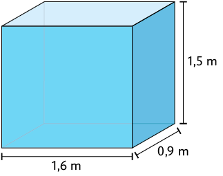 Ilustração de um reservatório em formato de paralelepípedo reto retângulo, com as dimensões: 0,9 metros de largura, 1,6 metros de comprimento e 1,5 metros de altura.