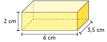 Ilustração de um paralelepípedo reto retângulo, com as dimensões: 3,5 centímetros de largura, 6 centímetros de comprimento e 2 centímetros de altura.