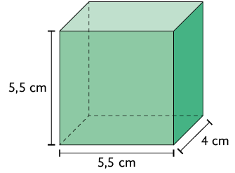 Ilustração de um paralelepípedo reto retângulo, com as dimensões: 4 centímetros de largura, 5,5 centímetros de comprimento e 5,5 centímetros de altura.