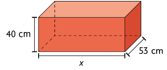 Ilustração de um paralelepípedo reto retângulo, com as dimensões: 53 centímetros de largura, x de comprimento e 40 centímetros de altura.
