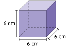 Ilustração de um paralelepípedo reto retângulo, com as dimensões: 6 centímetros de largura, 6 centímetros de comprimento e 6 centímetros de altura.