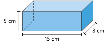 Ilustração de um recipiente em formato de paralelepípedo reto retângulo, com as dimensões: 8 centímetros de largura, 15 centímetros de comprimento e 5 centímetros de altura.