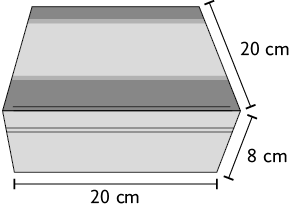 Ilustração de uma caixa em formato de paralelepípedo reto retângulo, com as dimensões: 20 centímetros de largura, 20 centímetros de comprimento e 8 centímetros de altura.