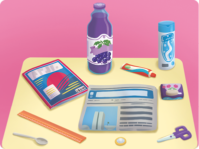 Ilustração de uma mesa com vários objetos sobre ela: revista, jornal, pasta de dente, garrafa de suco, régua, sabonete, tesoura, moeda, colher e um frasco de xampu.