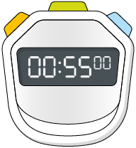 Ilustração de um cronômetro marcando '0 minutos', '55 segundos' e '0 centésimos de segundo'. 