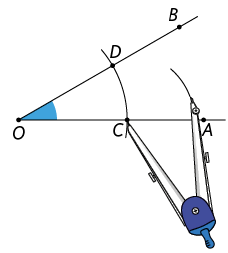 Ilustração de duas semirretas partindo do ponto O, uma contendo os pontos D e B e a outra os C e A, como na ilustração anterior, com um arco passando pelos pontos D e C. Há um compasso com a ponta seca em C, marcando outro arco à frente, entre os pontos A e B. 