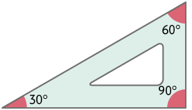 Ilustração de um esquadro, com seus ângulos internos medindo 30 graus, 60 graus e 90 graus.