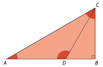 Ilustração de um triângulo retângulo A B C com ângulo reto em B. Está traçado um segmento que parte do vértice C até o ponto D, que está sobre o lado A B do triângulo. Estão destacados os ângulos A, A D C, e C.
