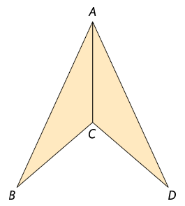 Ilustração de dois triângulos ABC e ACD. Os triângulos são iguais e simétricos, estão encostados com o lado em comum AC, de modo a formar uma figura que se assemelha a uma asa delta, com a ponta em A.