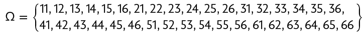 Esquema de conjunto numérico indicado pela letra grega ômega. Abre chaves: 11, 12, 13, 14, 15, 16, 21, 22, 23, 24, 25, 26, 31, 32, 33, 34, 35, 36, 41, 42, 43, 44, 45, 46, 51, 52, 53, 54, 55, 56, 61, 62, 63, 64, 65, 66, fecha chaves. 