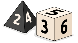 Ilustração de dois dados: um com formato de tetraedro que tem todas as faces com formato de um triângulo e o outro com formato de um cubo. O tetraedro com 2 faces aparentes com os números em uma face 2 e o 4 na outra. O cubo com tem 3 faces aparentes: as faces frontais uma com o número 3 e a outra com o 6 e a face de cima com o número 5.