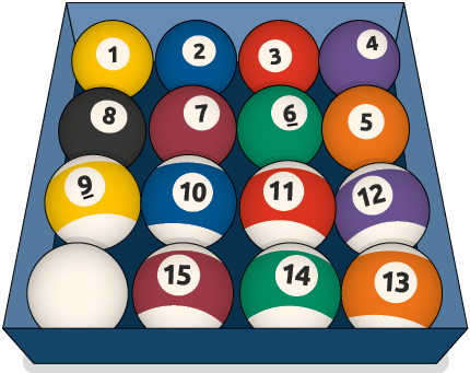 Ilustração de uma caixa com as 16 bolas do jogo de bilhar: 15 coloridas e uma branca. As bolas amarelas: com os números 1 e 9; azul: 2 e 10; vermelha: 3 e 11; lilás: 4 e 12; laranja: 5 e 13; verde: 6 3 14; roxa: 7 e 15; preta: 8.