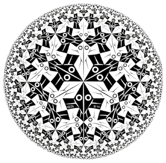 Ilustração de uma figura simétrica em formato circular, reprodução  do artista Maurits Cornelis Escher. No centro, há 3 desenhos semelhantes a uma ave, com seus bicos encostados pela ponta, as aves possuem a mesma distância entre si. Ao redor, há ainda várias dessas aves, todas simétricas, uma em relação a outra, que se repetem infinitamente. Essa composição se repete outras 3 vezes em diferentes rotações.