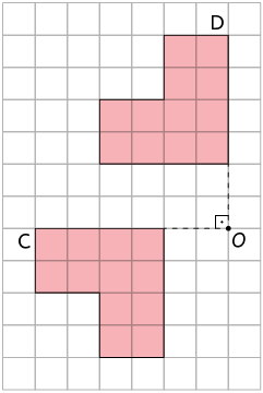 Ilustração de uma malha quadriculada com dois polígonos iguais de 6 lados. Há duas linhas tracejadas, perpendiculares entre si, que as unem por um ponto O. Abaixo, a figura C semelhante a uma letra L virada pra baixo e para esquerda. Acima, está a figura D, semelhante a uma letra L feita de forma espelhada. 