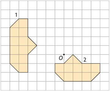 Ilustração de uma malha quadriculada com dois polígonos semelhantes a um barquinho. Na figura 1 o barquinho está em pé e a figura é simétrica. Na figura 2 o barquinho está na horizontal com a vela mais próxima do lado direito e próxima a um ponto O.