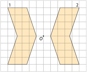 Ilustração de uma malha quadriculada com dois polígonos iguais, com 6 lados, no formato de uma ponta de seta. Na figura 1, a ponta da seta esta voltada para direita e alinhada com o ponto O. Na figura 2 a ponta da seta está voltada para esquerda e, alinhada com o ponto O.