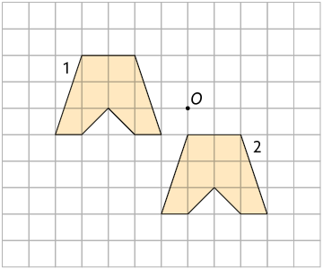 Ilustração de uma malha quadriculada com dois polígonos iguais. Na figura 1 o polígono está acima e à esquerda. Na figura 2 o polígono está mais abaixo e à direita, próximo a um ponto O.