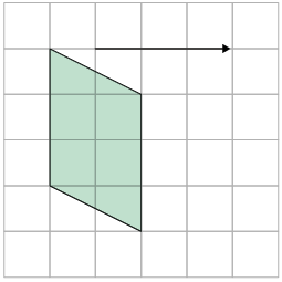 Ilustração de uma malha quadriculada com um paralelogramo e uma seta acima que aponta para o lado direito, que indica a translação de 3 quadradinhos para o lado.