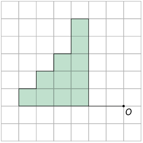 Ilustração de uma malha quadriculada com uma figura de 10 lados que tem a sua base desenhada sobre uma reta com o ponto O pertencente à reta e distante 2 quadradinhos da figura. A figura se assemelha a representação de uma escada com 3 degraus  de um quadradinho e ao final, um degrau com 2 quadradinhos de altura.