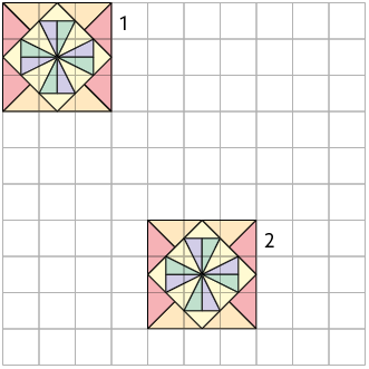 Ilustração de uma malha quadriculada com duas figuras formada pela simetria vertical e horizontal. A figura 1 está no canto superior da malha e a figura 2 está 4 quadrinhos à direita, seguida pela localização de três quadradinhos abaixo da figura 1.