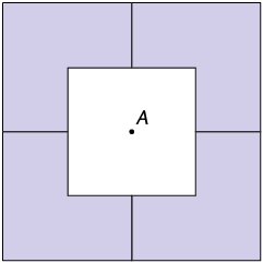 Ilustração de um quadrado com um buraco quadrado no meio e o ponto A ao centro. Ele é formado pela junção de 4 polígonos de 6 lados como o polígono anterior. Cada polígono forma um canto do quadrado.